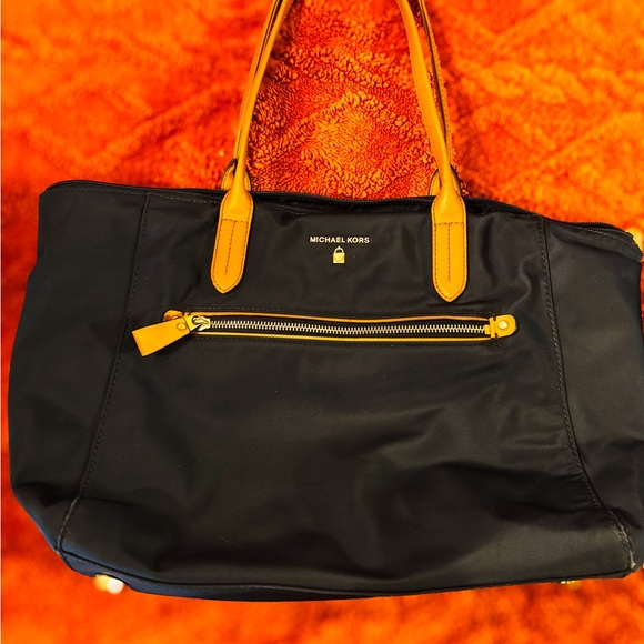 Michael Kors Kelsey Blue and Tan Nylon Tote with Gold Hardware - Picture 3 of 4